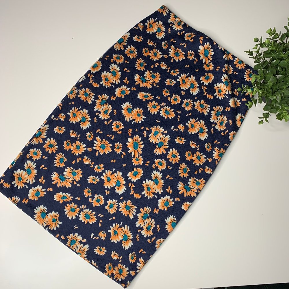 Blue with Yellow Floral Pencil Skirt Small
